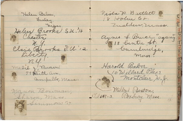 1913 address book pages with photos, names, addresses, and handwritten notes