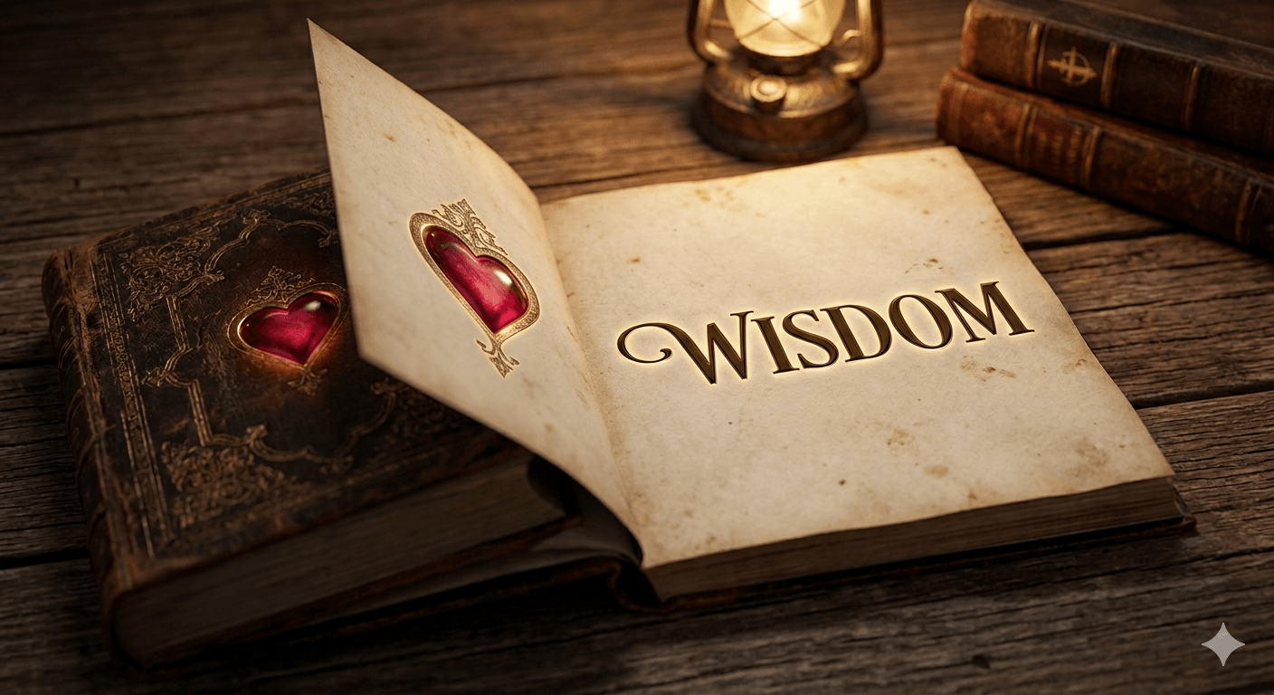 Ancient book open to a page with Wisdom written and a red heart, representing the word written within