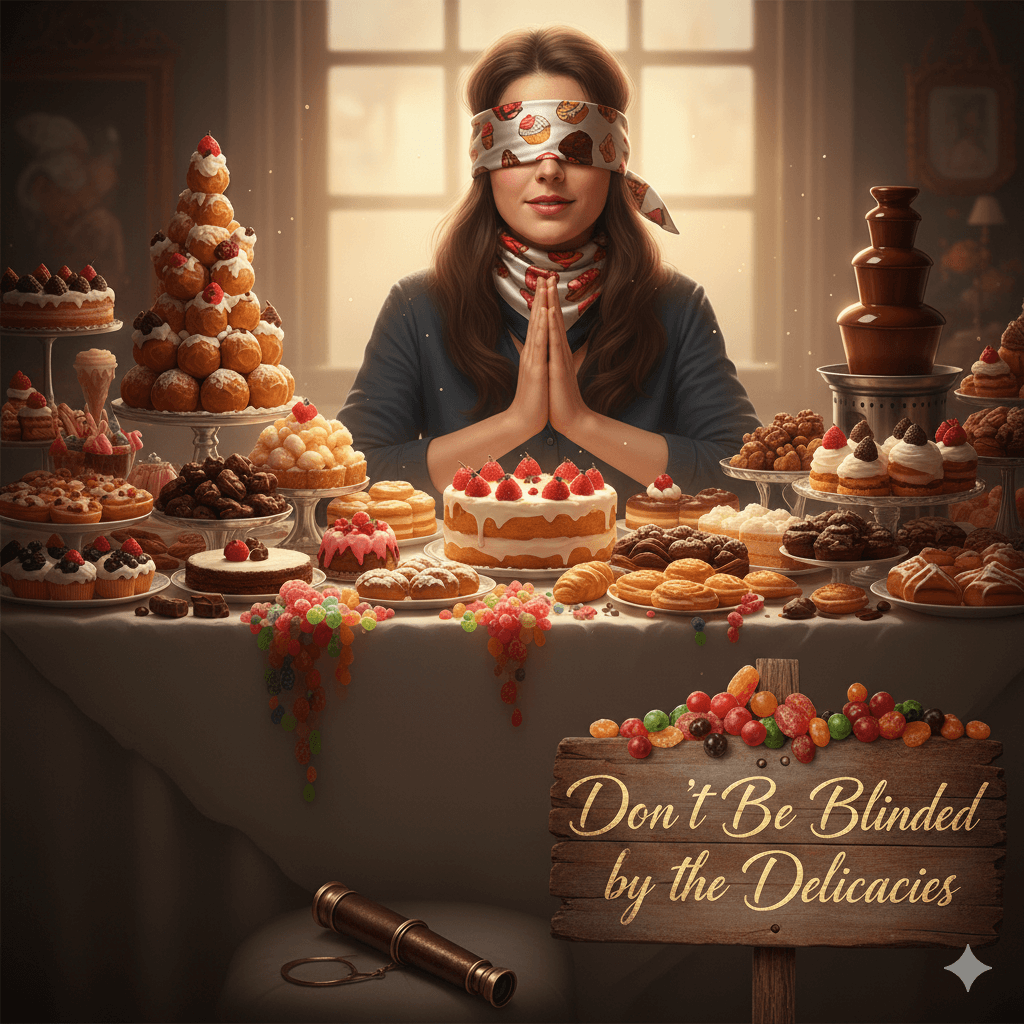 Praying before making a decision what to eat of all these sweets and delicacies